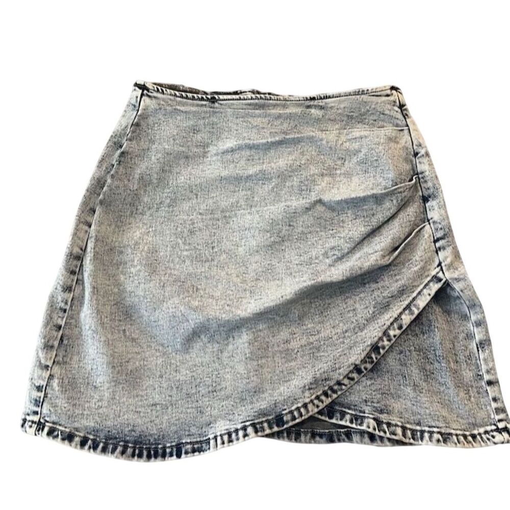 Women's Asymmetric Denim Wrap Skirt Blue Knee Length Frayed Edge Size M